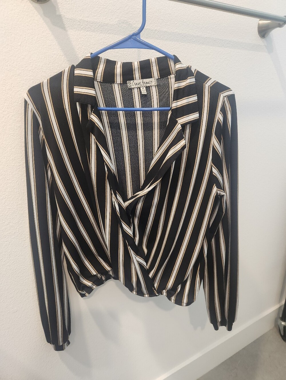 Crave Fame By Almost Famous Black White And Cream Striped Wrap Long Sleeves Top